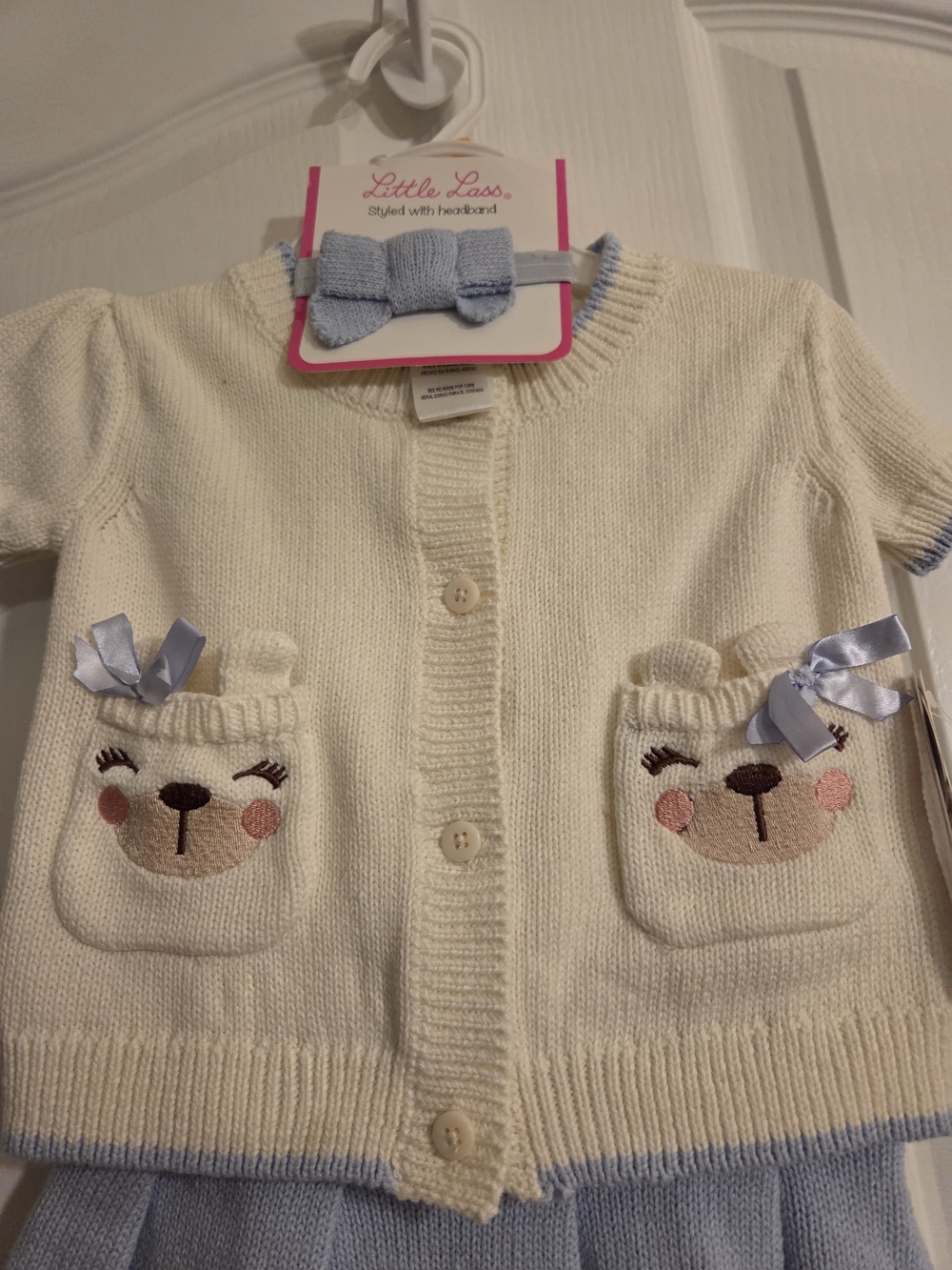 Little Lass Cream Knit Baby Cardigan with Blue Trim and Bow 12 M